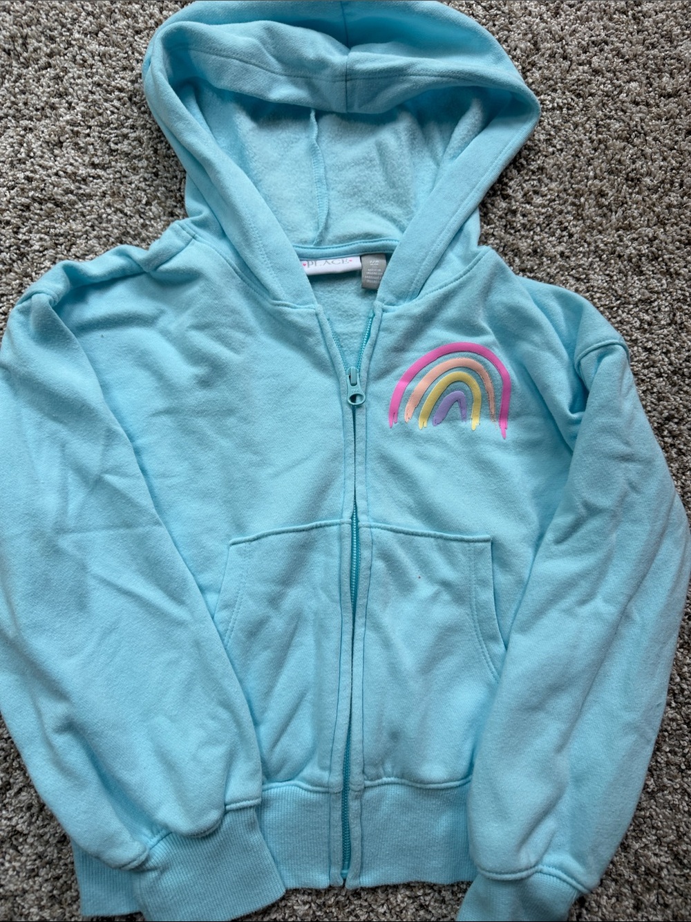 Children's Place girls full zip light blue Hoodie with Rainbow Accent